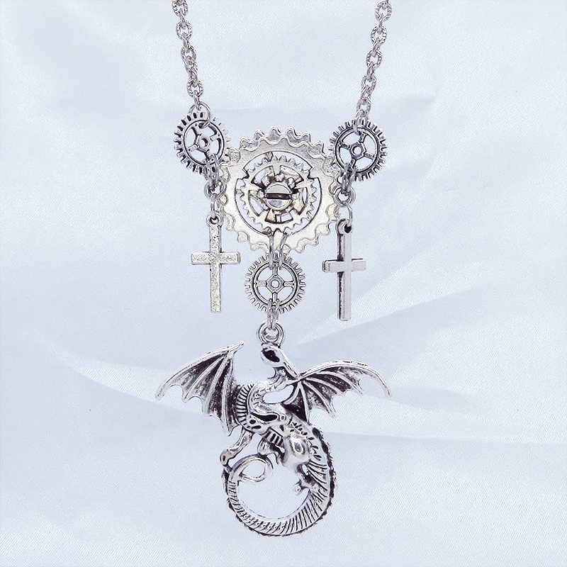 アンティークシルバー ドラゴンと歯車の本格的スチームパンクネックレス ロザリオ アジャスター 長さ調整可