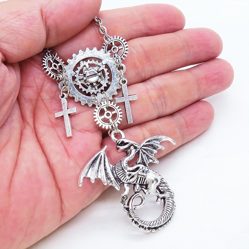 アンティークシルバー ドラゴンと歯車の本格的スチームパンクネックレス ロザリオ アジャスター 長さ調整可