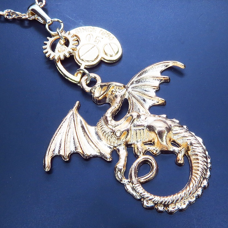 マットゴールド ドラゴンと歯車を組合せたスチームパンク風ネックレス アジャスター 長さ調整可