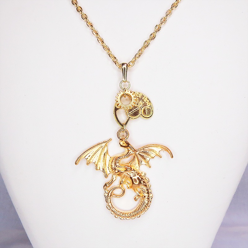 マットゴールド ドラゴンと歯車を組合せたスチームパンク風ネックレス アジャスター 長さ調整可