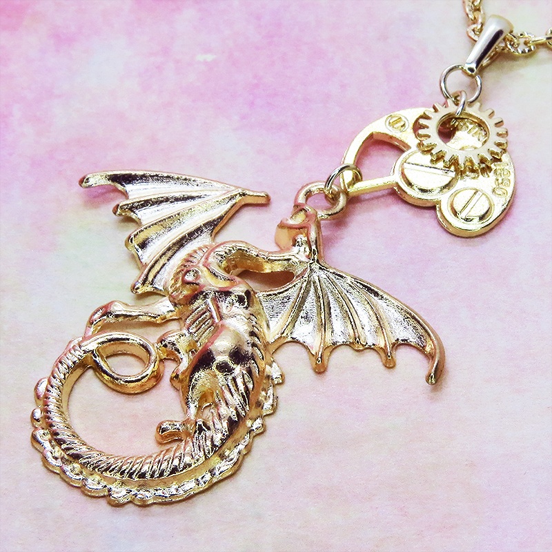 マットゴールド ドラゴンと歯車を組合せたスチームパンク風ネックレス アジャスター 長さ調整可