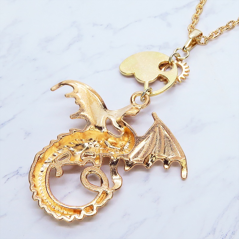 マットゴールド ドラゴンと歯車を組合せたスチームパンク風ネックレス アジャスター 長さ調整可