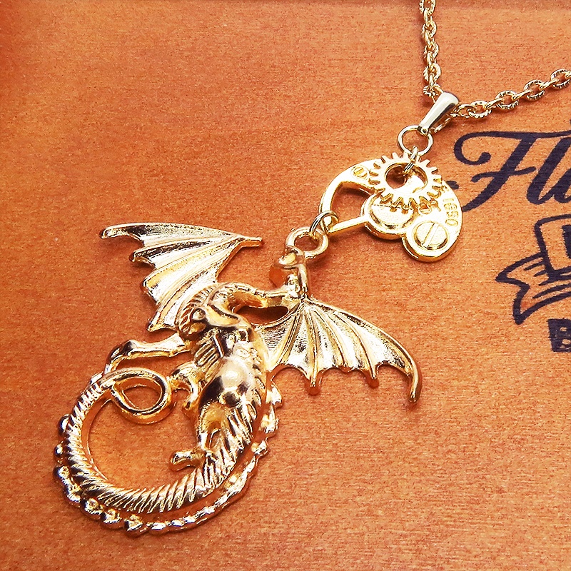 マットゴールド ドラゴンと歯車を組合せたスチームパンク風ネックレス アジャスター 長さ調整可