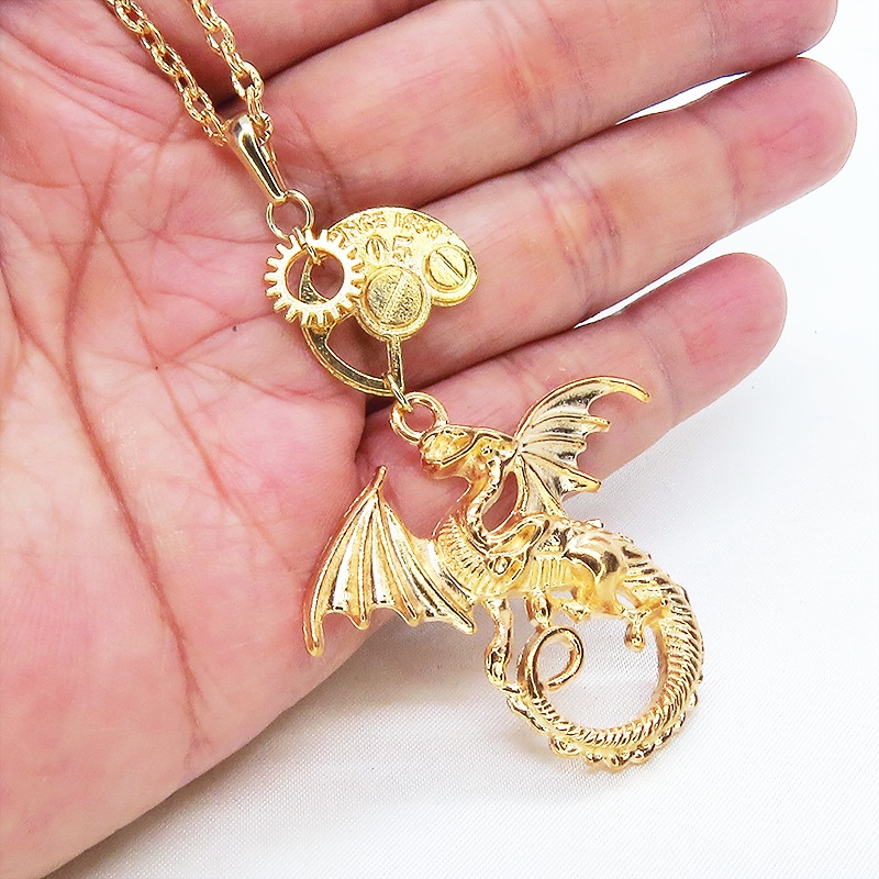 マットゴールド ドラゴンと歯車を組合せたスチームパンク風ネックレス アジャスター 長さ調整可