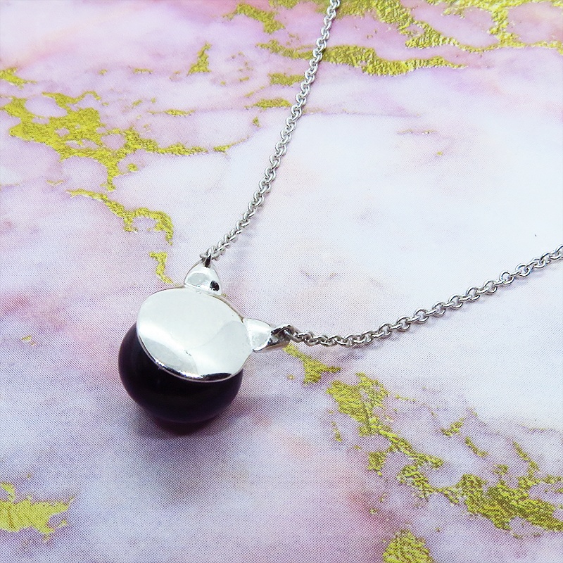 シルバー925 シンプルにさり気なく大人可愛いブラックパール猫耳ネックレス 淡水パール アジャスター追加可