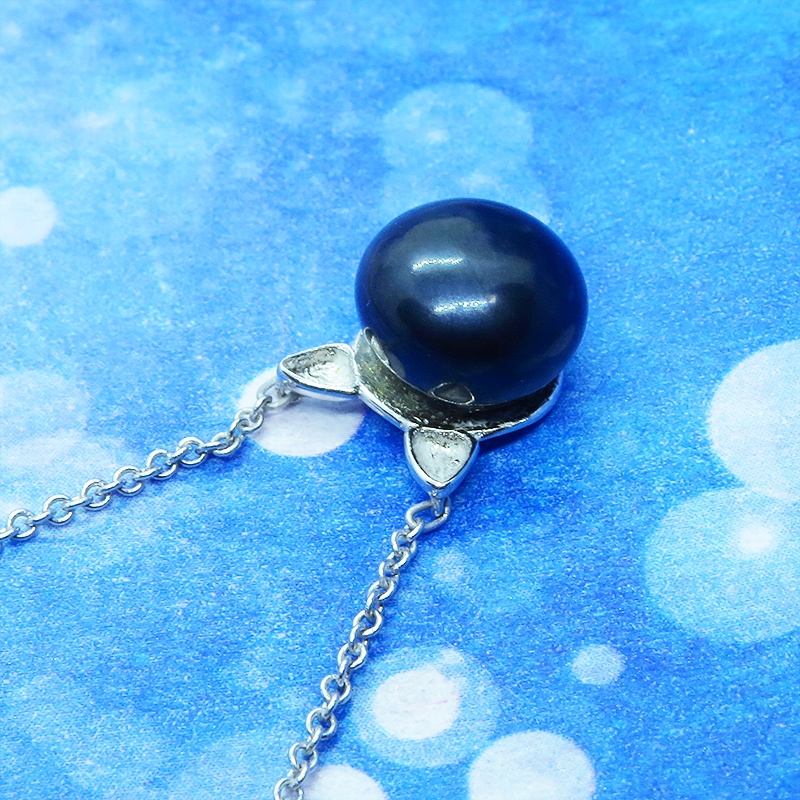 シルバー925 シンプルにさり気なく大人可愛いブラックパール猫耳ネックレス 淡水パール アジャスター追加可