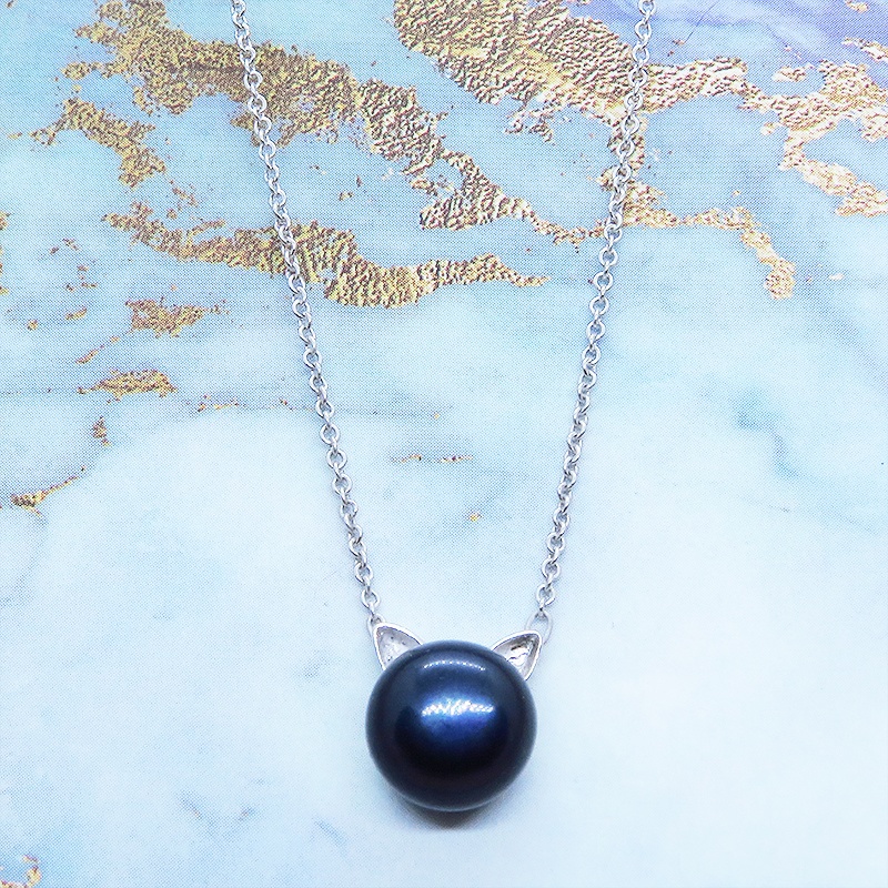 シルバー925 シンプルにさり気なく大人可愛いブラックパール猫耳ネックレス 淡水パール アジャスター追加可