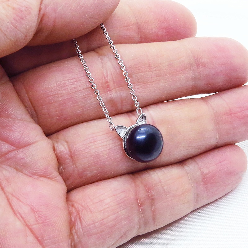 シルバー925 シンプルにさり気なく大人可愛いブラックパール猫耳ネックレス 淡水パール アジャスター追加可