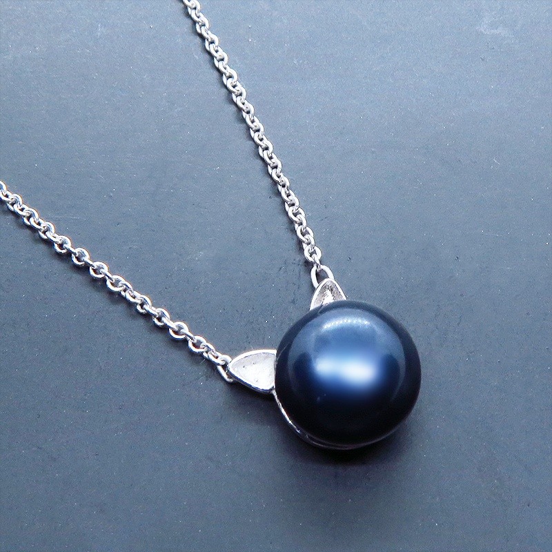 シルバー925 シンプルにさり気なく大人可愛いブラックパール猫耳ネックレス 淡水パール アジャスター追加可