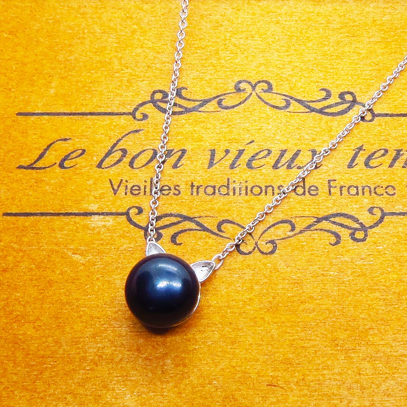 シルバー925 シンプルにさり気なく大人可愛いブラックパール猫耳ネックレス 淡水パール アジャスター追加可