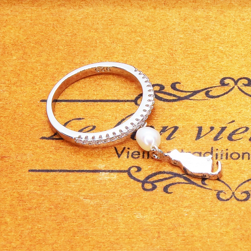 シルバー925 シンプルで可愛い猫モチーフと淡水パールのエタニティリング キュービックジルコニア サイズ13号 SV925 スターリングシルバー