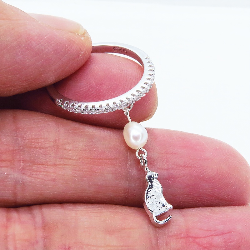 シルバー925 シンプルで可愛い猫モチーフと淡水パールのエタニティリング キュービックジルコニア サイズ13号 SV925 スターリングシルバー
