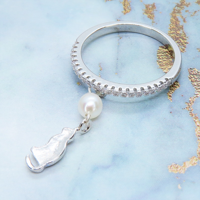 シルバー925 シンプルで可愛い猫モチーフと淡水パールのエタニティリング キュービックジルコニア サイズ13号 SV925 スターリングシルバー