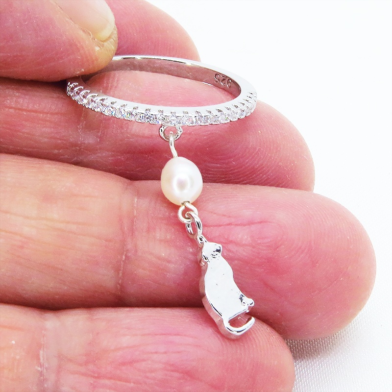 シルバー925 シンプルで可愛い猫モチーフと淡水パールのエタニティリング キュービックジルコニア サイズ13号 SV925 スターリングシルバー