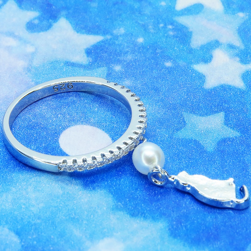 シルバー925 シンプルで可愛い猫モチーフと淡水パールのエタニティリング キュービックジルコニア サイズ13号 SV925 スターリングシルバー