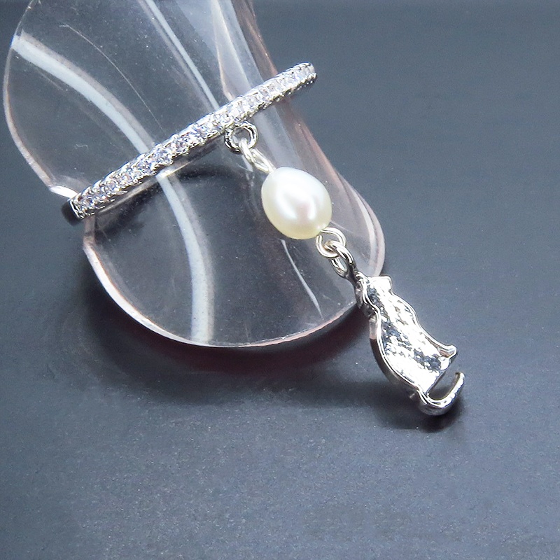 シルバー925 シンプルで可愛い猫モチーフと淡水パールのエタニティリング キュービックジルコニア サイズ13号 SV925 スターリングシルバー