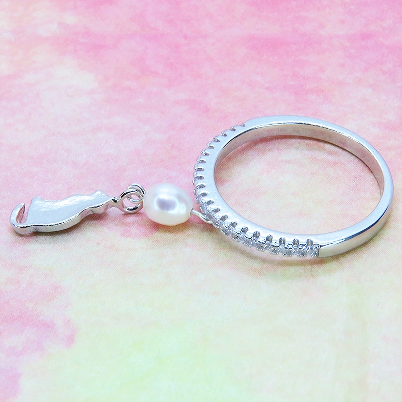 シルバー925 シンプルで可愛い猫モチーフと淡水パールのエタニティリング キュービックジルコニア サイズ13号 SV925 スターリングシルバー