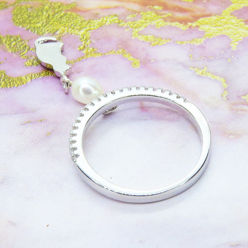 シルバー925 シンプルで可愛い猫モチーフと淡水パールのエタニティリング キュービックジルコニア サイズ13号 SV925 スターリングシルバー