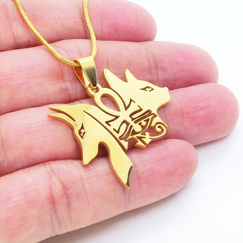 【再々販】猫の神 犬の神 バステト アビヌス ステンレスモチーフネックレス ゴールドカラー エジプト オリエンタル スネークチェーン アジャスター