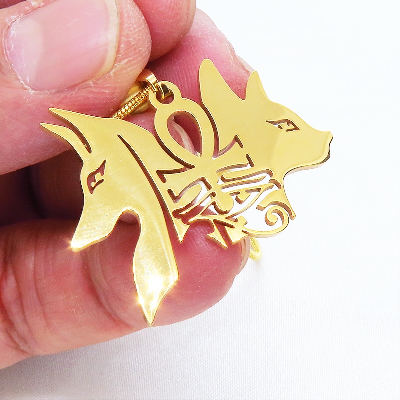 【再々販】猫の神 犬の神 バステト アビヌス ステンレスモチーフネックレス ゴールドカラー エジプト オリエンタル スネークチェーン アジャスター