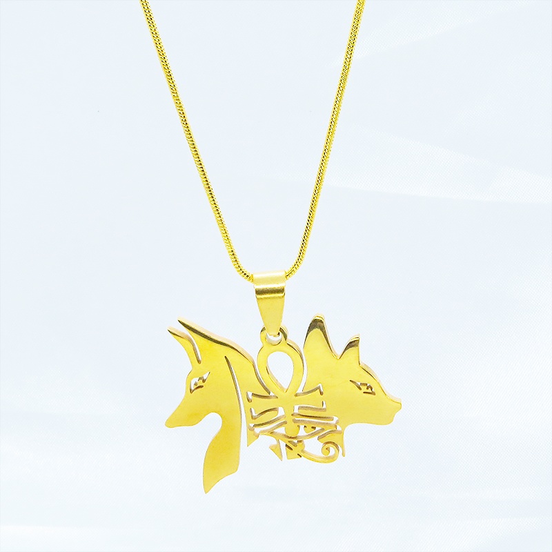 【再々販】猫の神 犬の神 バステト アビヌス ステンレスモチーフネックレス ゴールドカラー エジプト オリエンタル スネークチェーン アジャスター