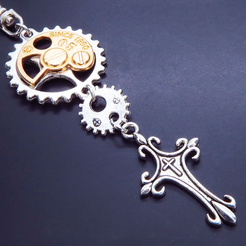 スチームパンク風アンティークシルバーの歯車とロザリオのキーホルダー チャーム ファスナーチャーム バッグチャーム