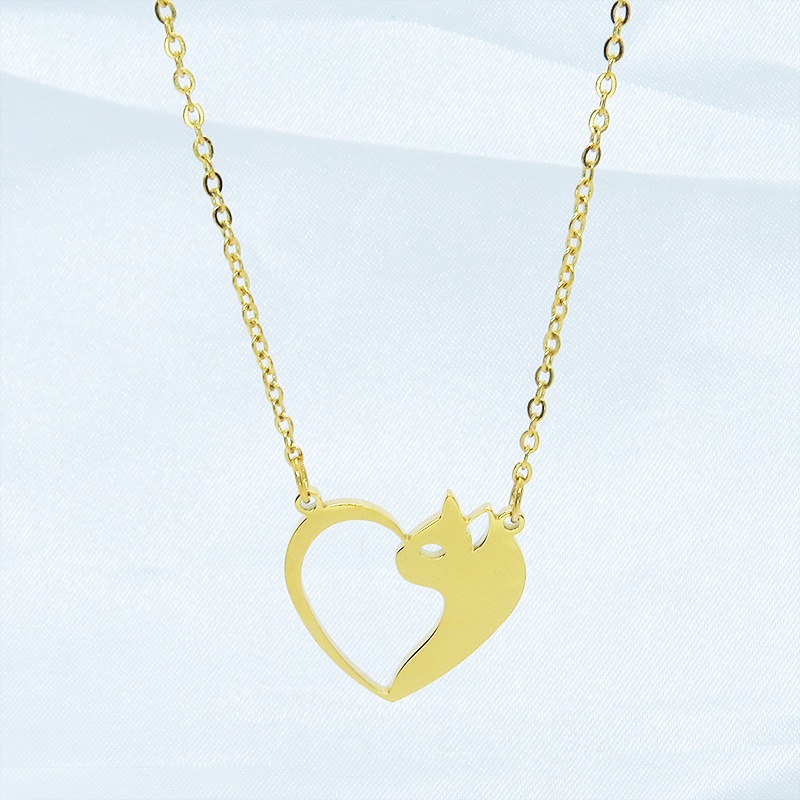 ステンレス製ゴールドカラーの猫とハートを組合せた可愛いモチーフのネックレス オープンハートネックレス