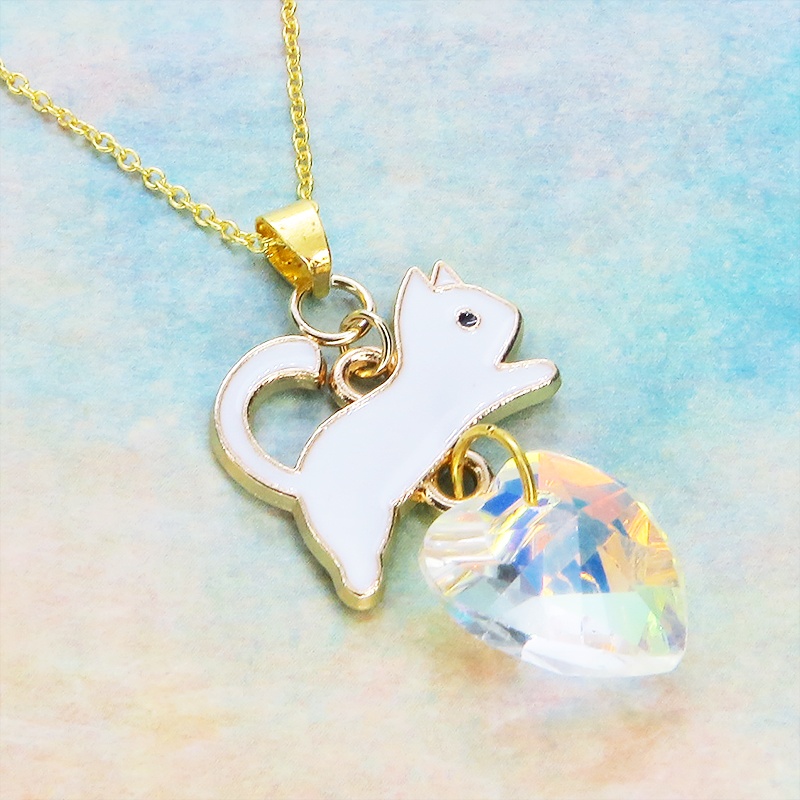 シルバー925 白猫モチーフとスワロフスキー・クリスタルのネックレス 18Kゴールドプレイテッド