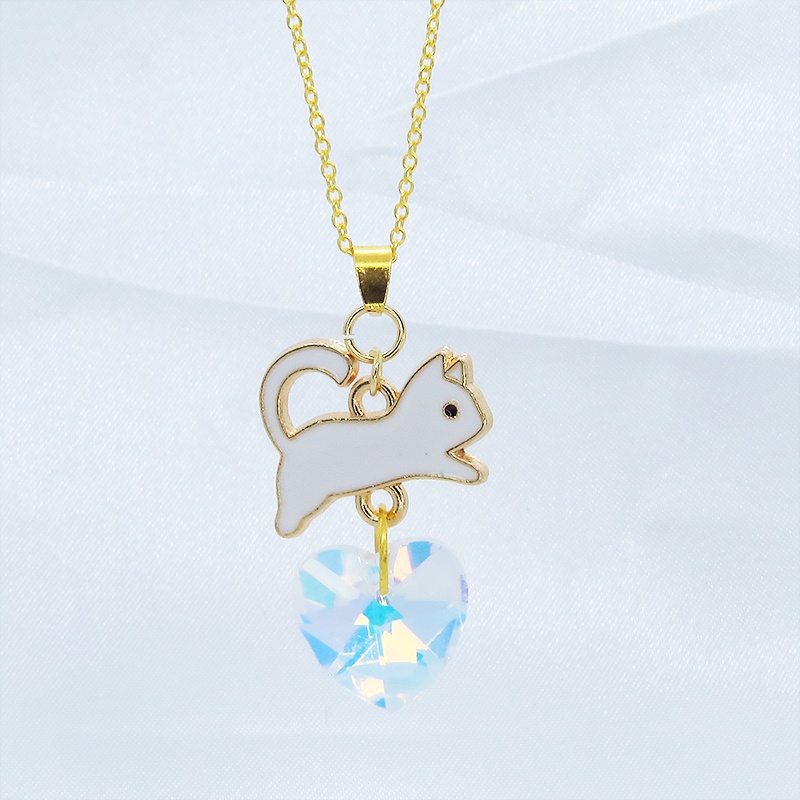 シルバー925 白猫モチーフとスワロフスキー・クリスタルのネックレス 18Kゴールドプレイテッド