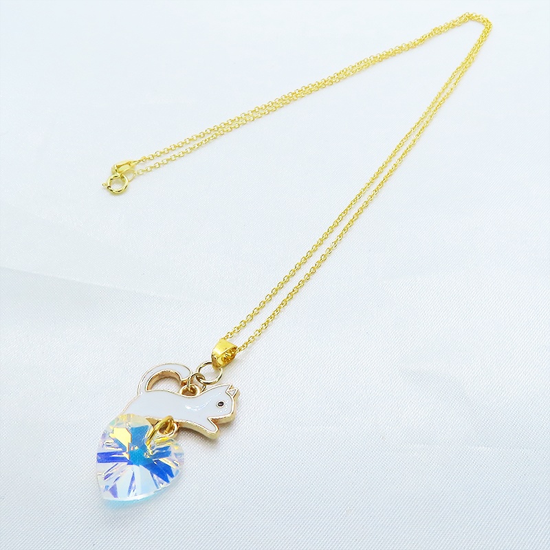 シルバー925 白猫モチーフとスワロフスキー・クリスタルのネックレス 18Kゴールドプレイテッド