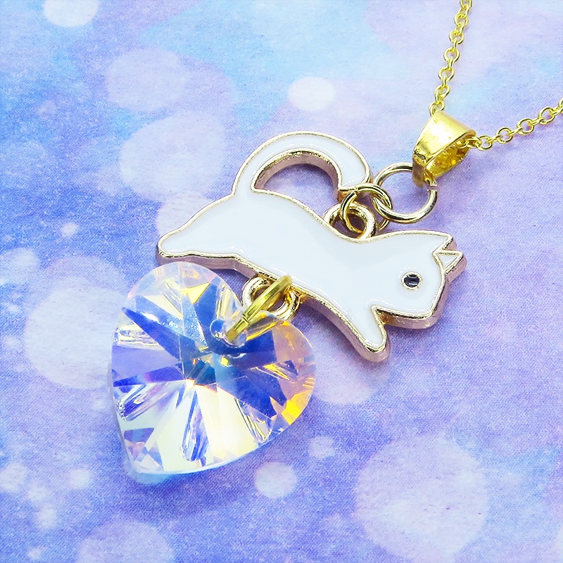 シルバー925 白猫モチーフとスワロフスキー・クリスタルのネックレス 18Kゴールドプレイテッド