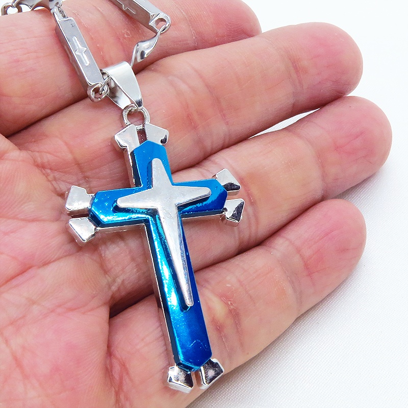 ステンレス製ロザリオネックレス ブルークロス 十字架 ステンレスクロスチェーン デザインクロス