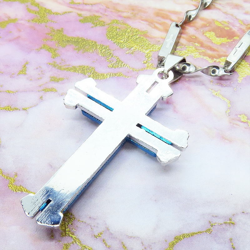 ステンレス製ロザリオネックレス ブルークロス 十字架 ステンレスクロスチェーン デザインクロス