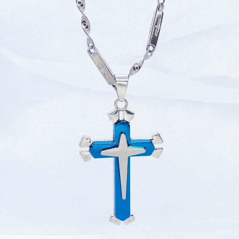 ステンレス製ロザリオネックレス ブルークロス 十字架 ステンレスクロスチェーン デザインクロス