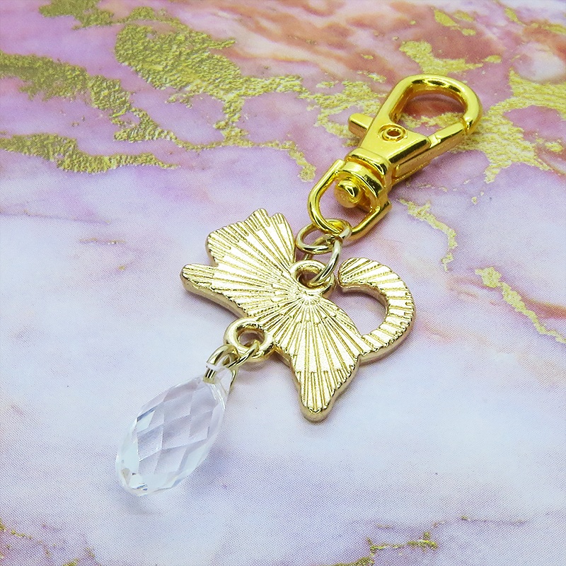 白猫モチーフとティアドロップガラス(クリスタルクリア)のかわいいファスナーチャーム キーホルダー マスクチャーム