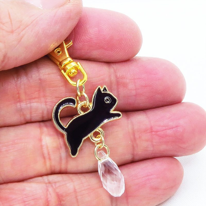 黒猫モチーフとティアドロップガラス(クリスタルクリア)のかわいいファスナーチャーム キーホルダー マスクチャーム