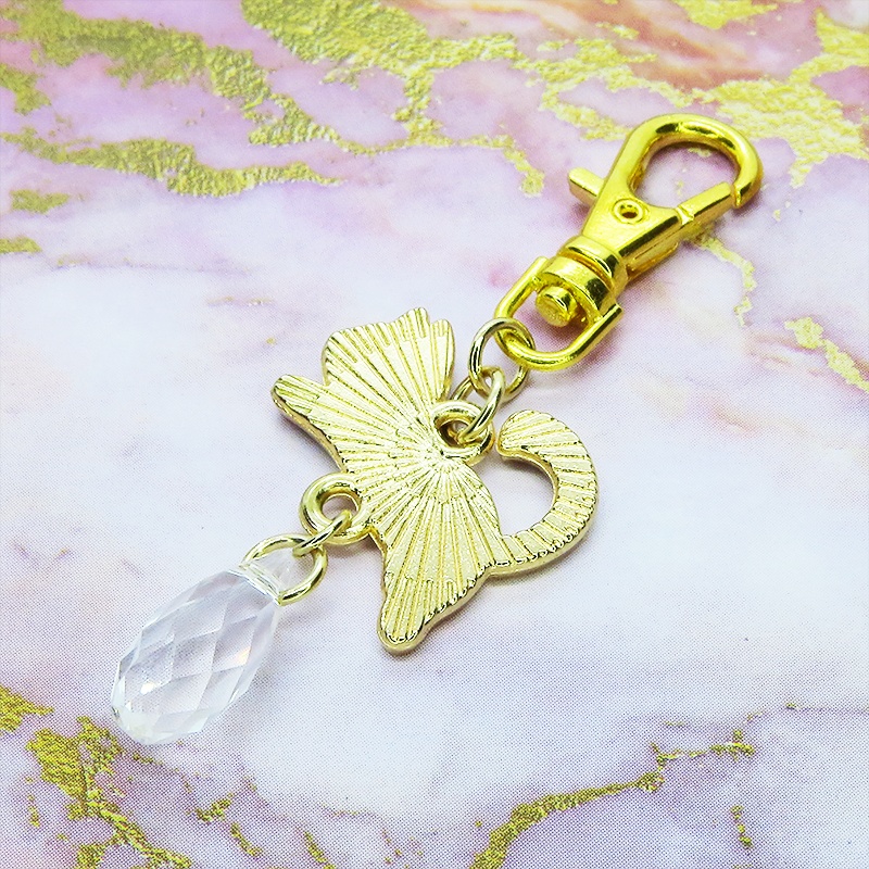 黒猫モチーフとティアドロップガラス(クリスタルクリア)のかわいいファスナーチャーム キーホルダー マスクチャーム