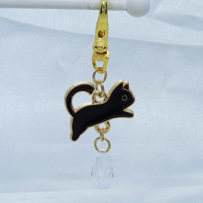 黒猫モチーフとティアドロップガラス(クリスタルクリア)のかわいいファスナーチャーム キーホルダー マスクチャーム