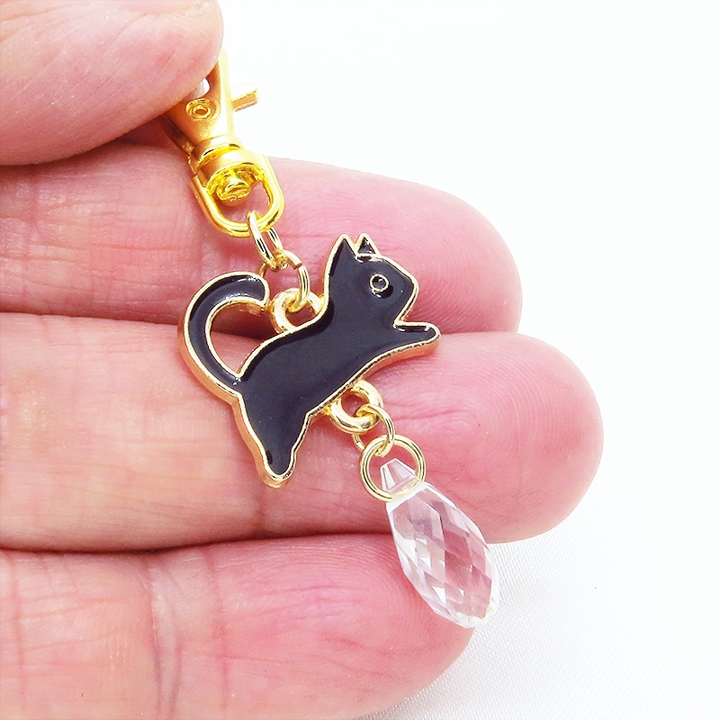 黒猫モチーフとティアドロップガラス(クリスタルクリア)のかわいいファスナーチャーム キーホルダー マスクチャーム