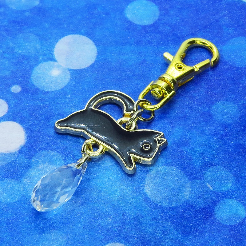 黒猫モチーフとティアドロップガラス(クリスタルクリア)のかわいいファスナーチャーム キーホルダー マスクチャーム