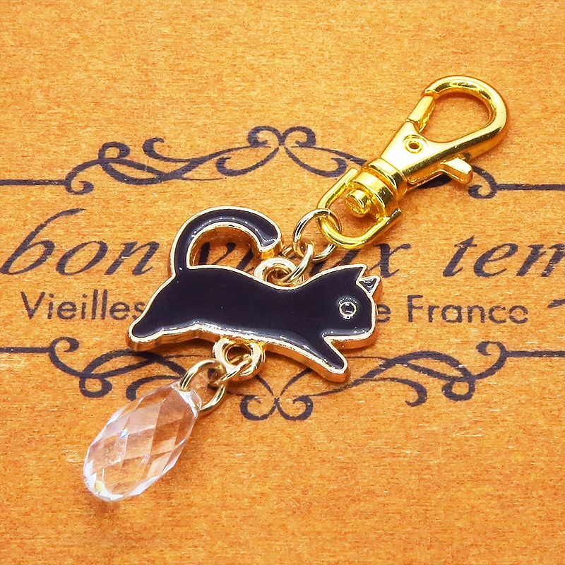 黒猫モチーフとティアドロップガラス(クリスタルクリア)のかわいいファスナーチャーム キーホルダー マスクチャーム