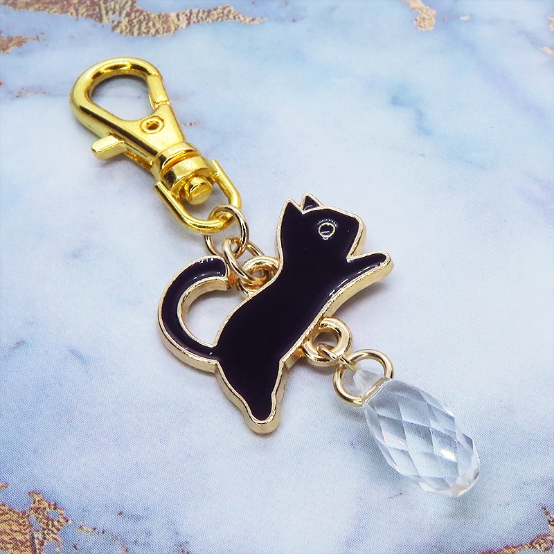 黒猫モチーフとティアドロップガラス(クリスタルクリア)のかわいいファスナーチャーム キーホルダー マスクチャーム