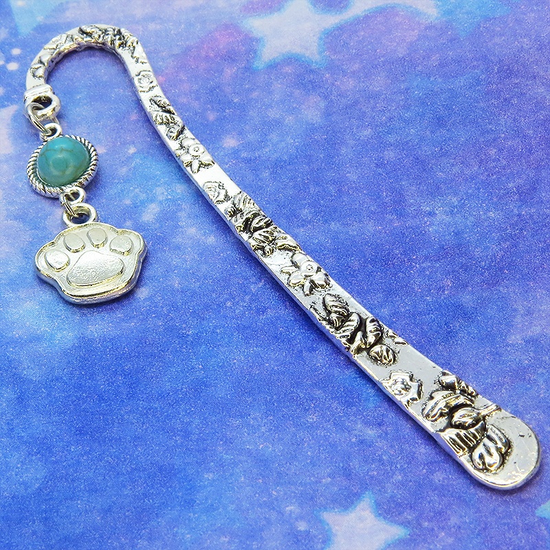 シルバーカラーの肉球とターコイズを組合せたブックマーカー 栞 しおり 花柄模様 猫 犬