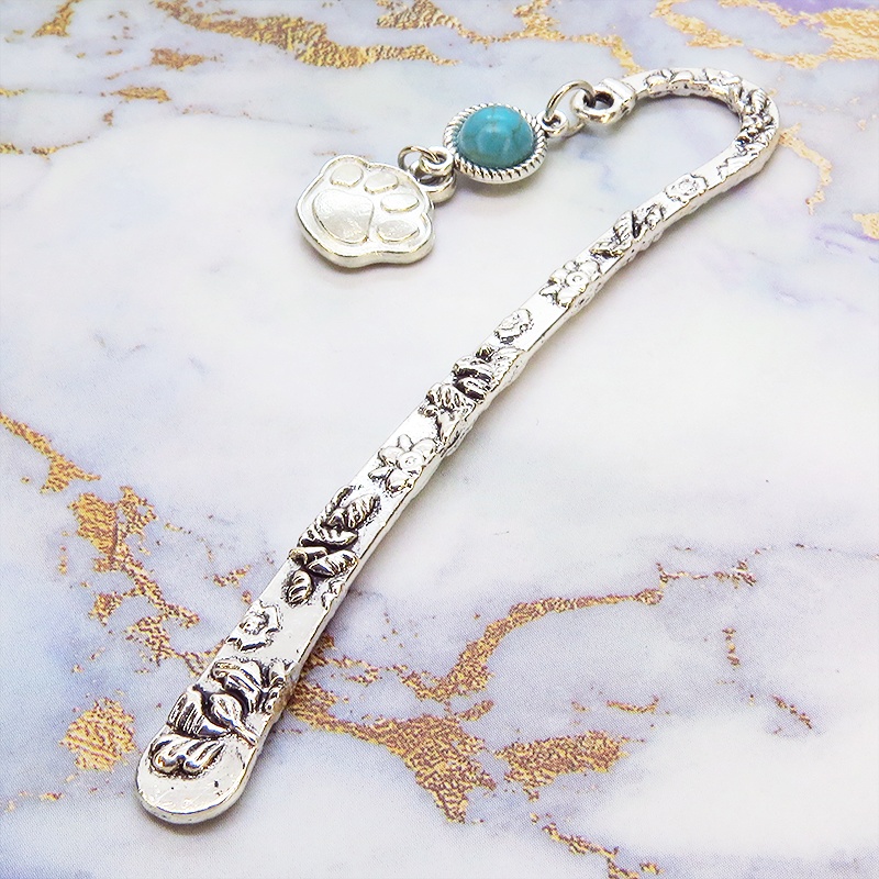 シルバーカラーの肉球とターコイズを組合せたブックマーカー 栞 しおり 花柄模様 猫 犬