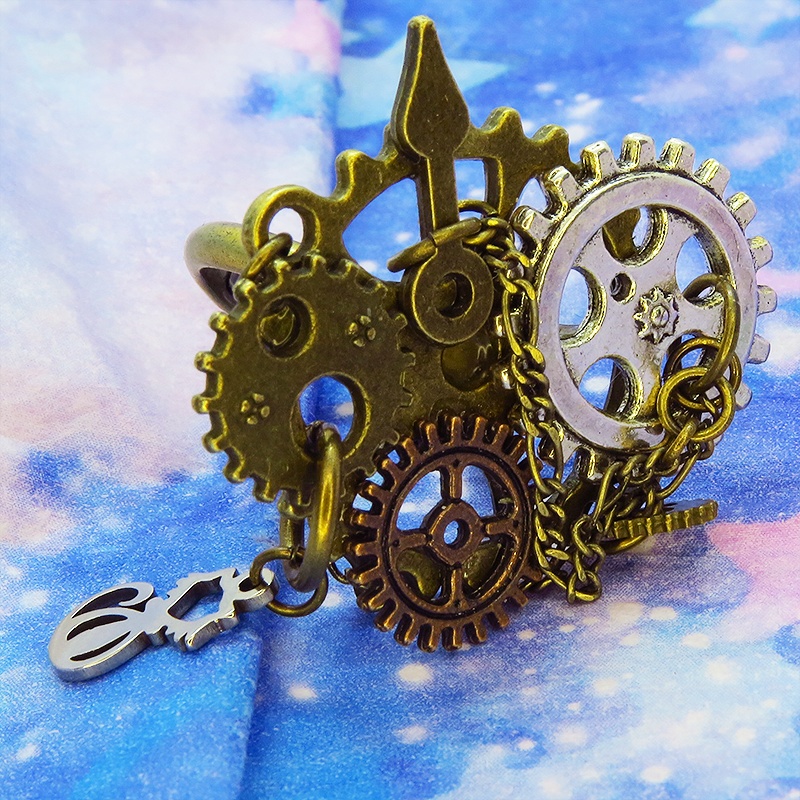 アンティークゴールド 猫と歯車の本格的スチームパンクリング フリーサイズ チェーン アンティークシルバーブロンズ