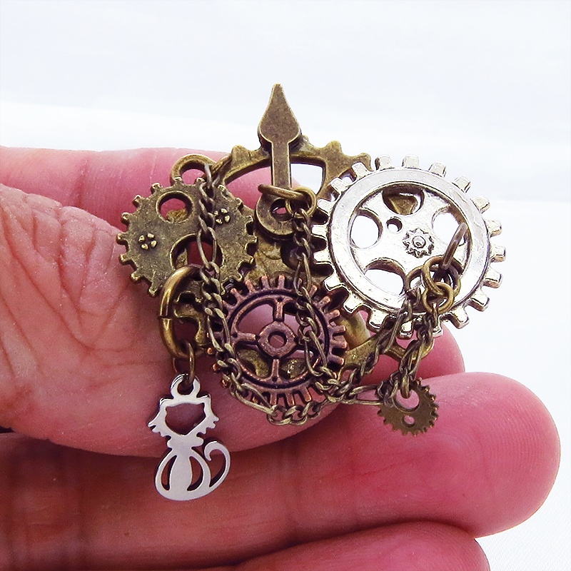 アンティークゴールド 猫と歯車の本格的スチームパンクリング フリーサイズ チェーン アンティークシルバーブロンズ
