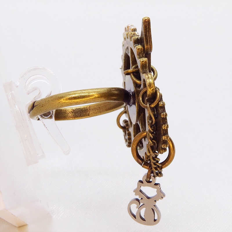 アンティークゴールド 猫と歯車の本格的スチームパンクリング フリーサイズ チェーン アンティークシルバーブロンズ