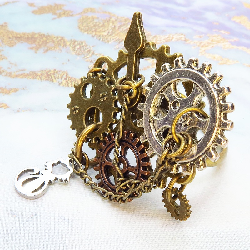 アンティークゴールド 猫と歯車の本格的スチームパンクリング フリーサイズ チェーン アンティークシルバーブロンズ