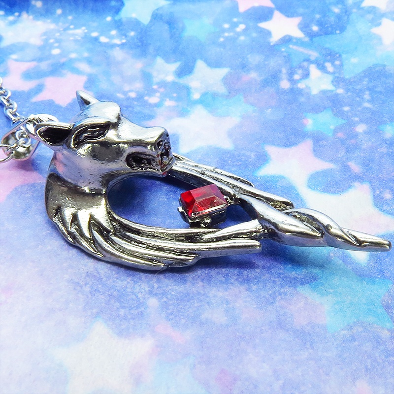 立体的な狼(ウルフ)ヘッドのペンダントネックレス レッドビーズ パンク ロック メンズ レディーズ 長さ調整可 アジャスター可