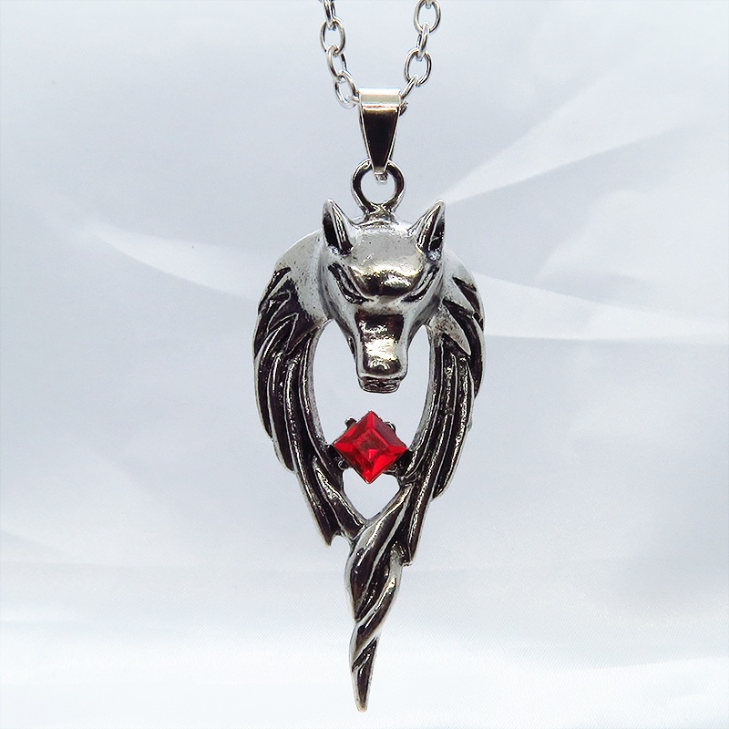 立体的な狼(ウルフ)ヘッドのペンダントネックレス レッドビーズ パンク ロック メンズ レディーズ 長さ調整可 アジャスター可